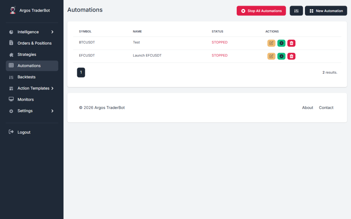 Argos TraderBot automations list